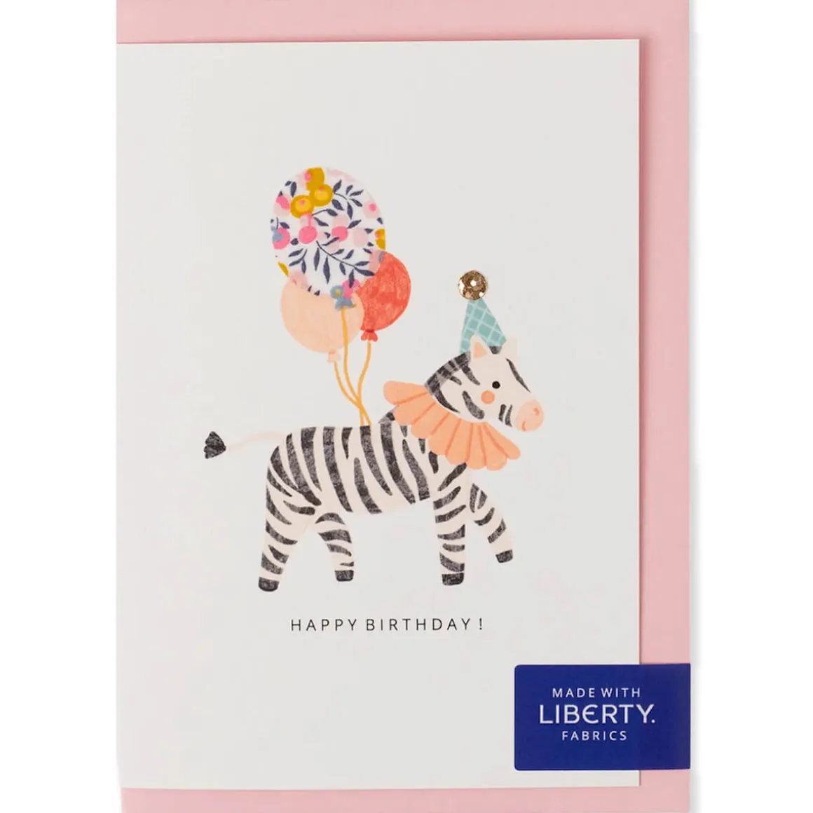 Liberty Zebra Birthday Greetings Card in Wiltshire Bud Liberty Print by The Charming Press