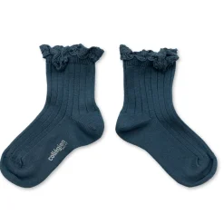 Lili Lace Trim Ribbed Ankle Socks in Bleu Cendre by Collegien