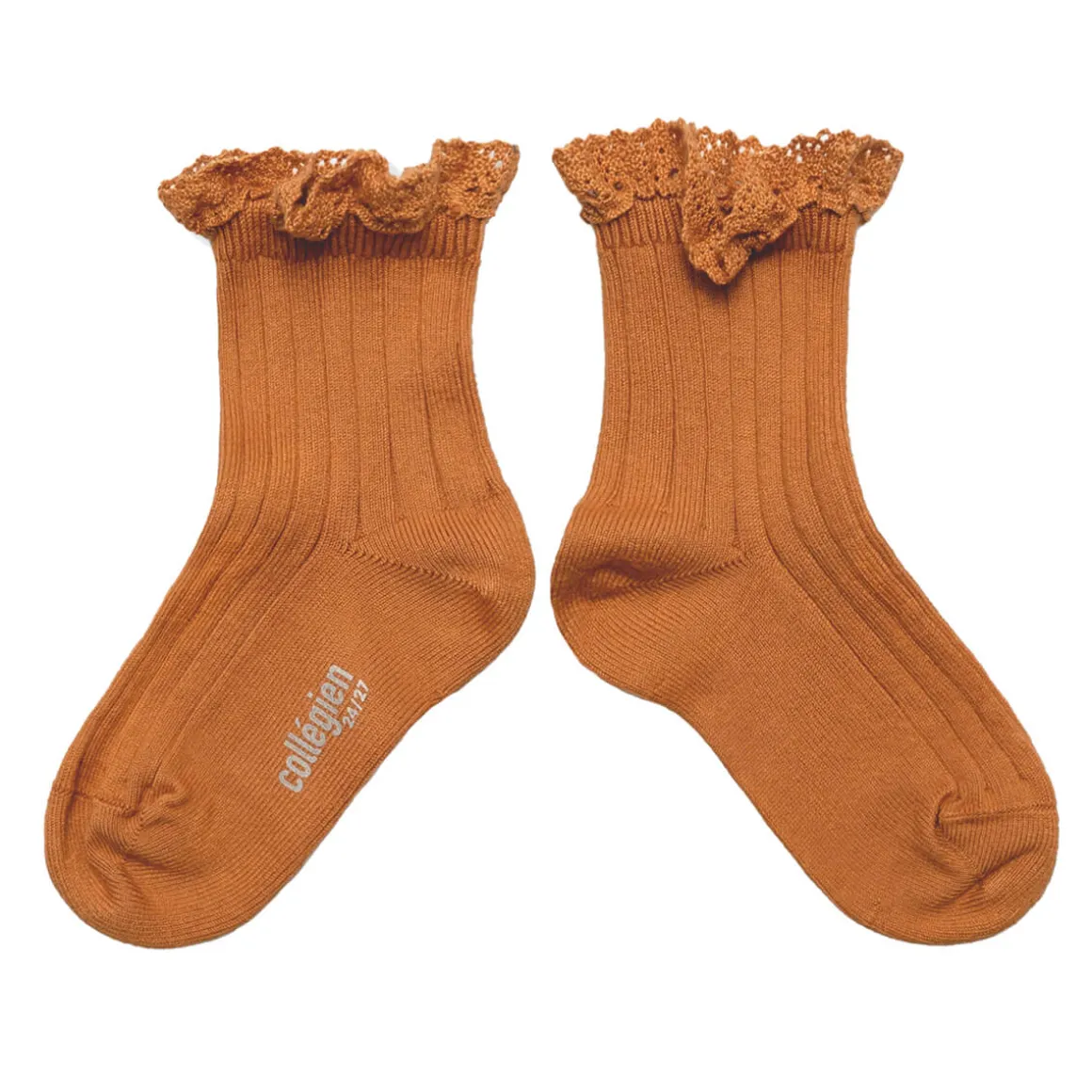 Lili Lace Trim Ribbed Ankle Socks in Terracotta by Collegien
