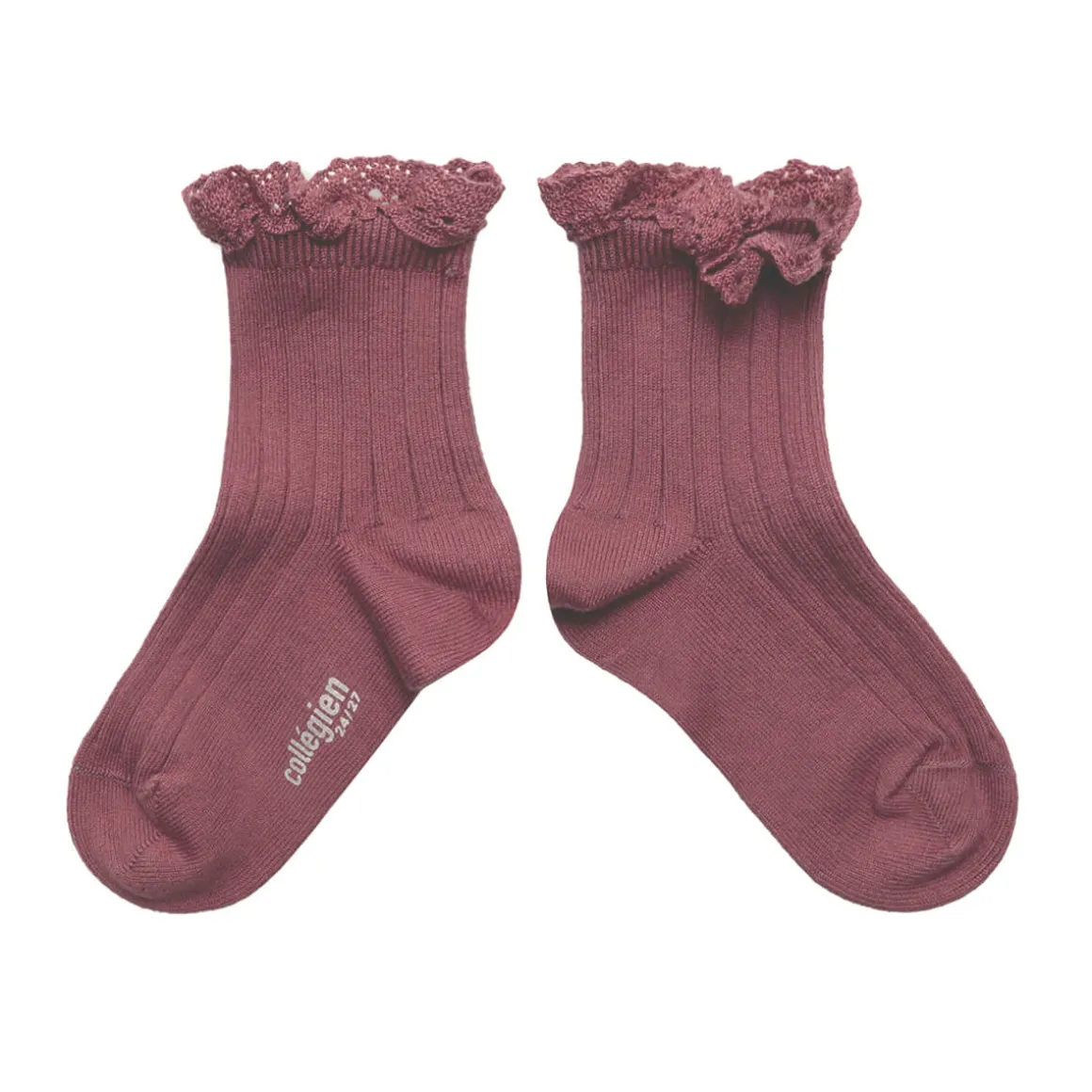 Lili Lace Trim Ribbed Ankle Socks in Raisin Rose by Collegien