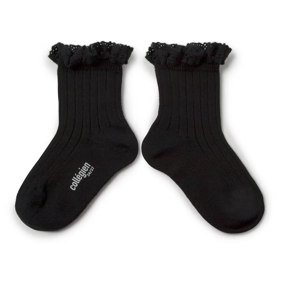 Lili Lace Trim Ribbed Ankle Socks in Noir De Charbon by Collegien
