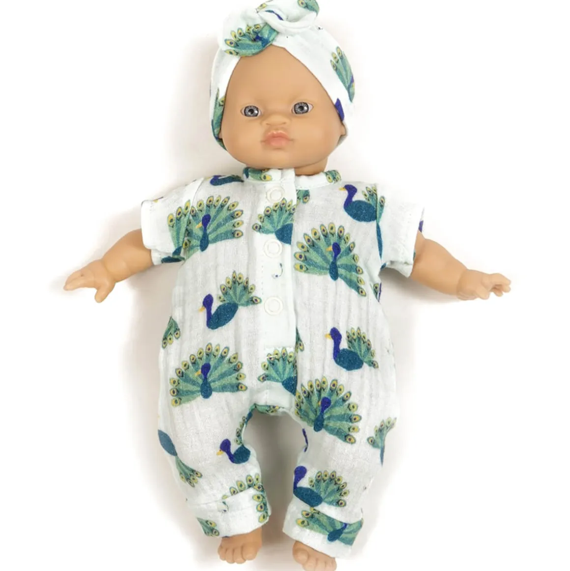 Lili Romper and Headband Set (28cm Doll) in Baby Peacock Print by Minikane