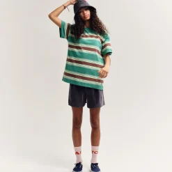 Loose T-Shirt in Bottle Green Stripe by Main Story