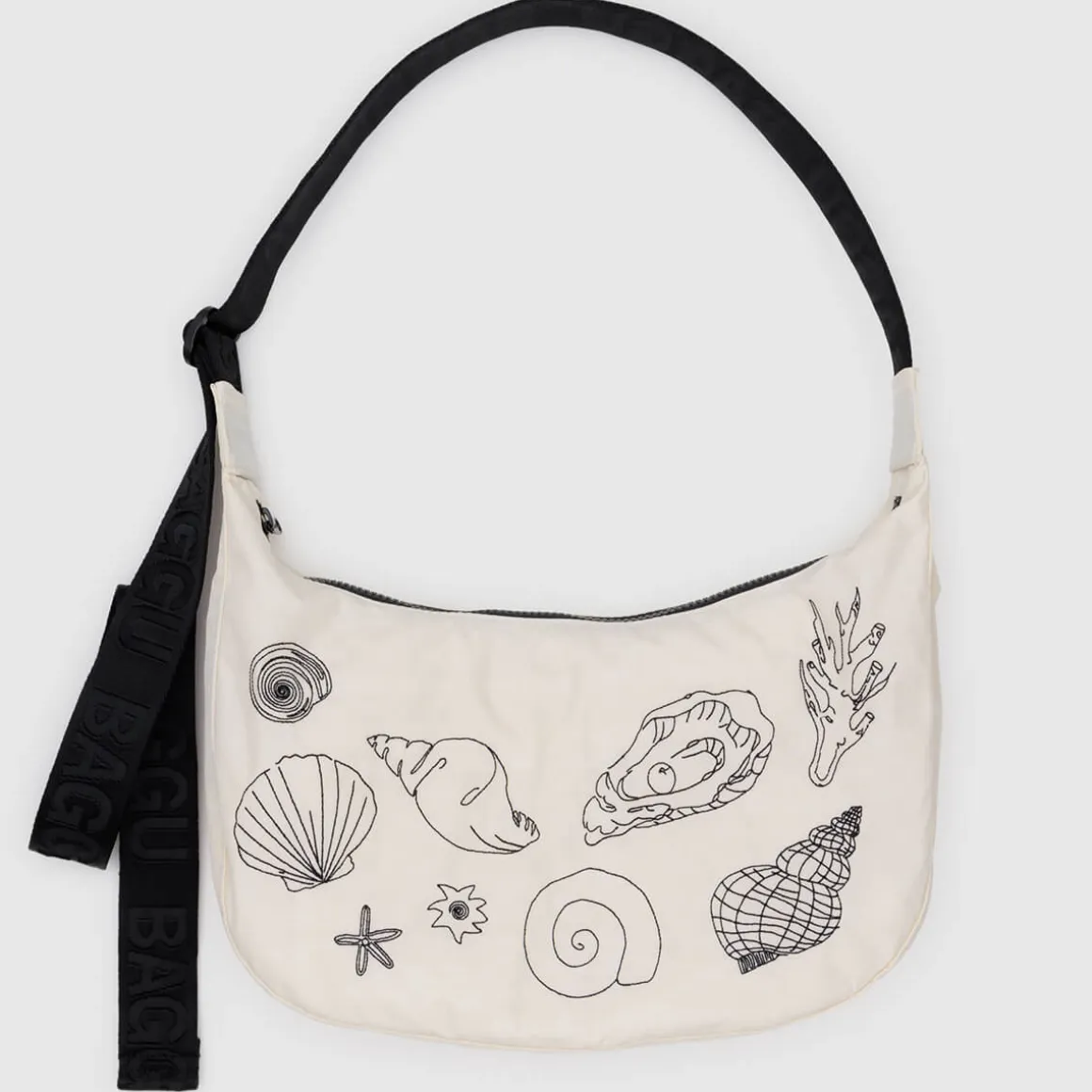 Medium Nylon Crescent Bag in Embroidered Shells by Baggu