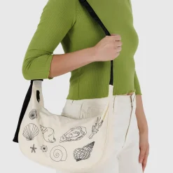 Medium Nylon Crescent Bag in Embroidered Shells by Baggu