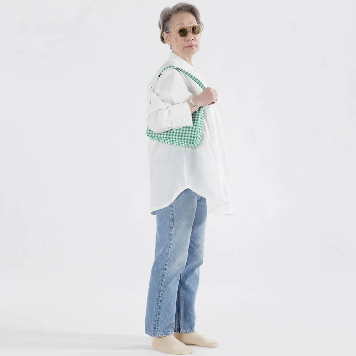 Mini Nylon Shoulder Bag in Green Gingham by Baggu