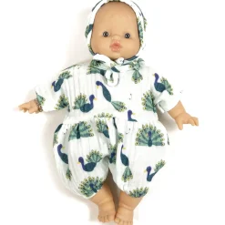 Noa Romper and Bonnet Set (28cm Doll) in Baby Peacock Print by Minikane