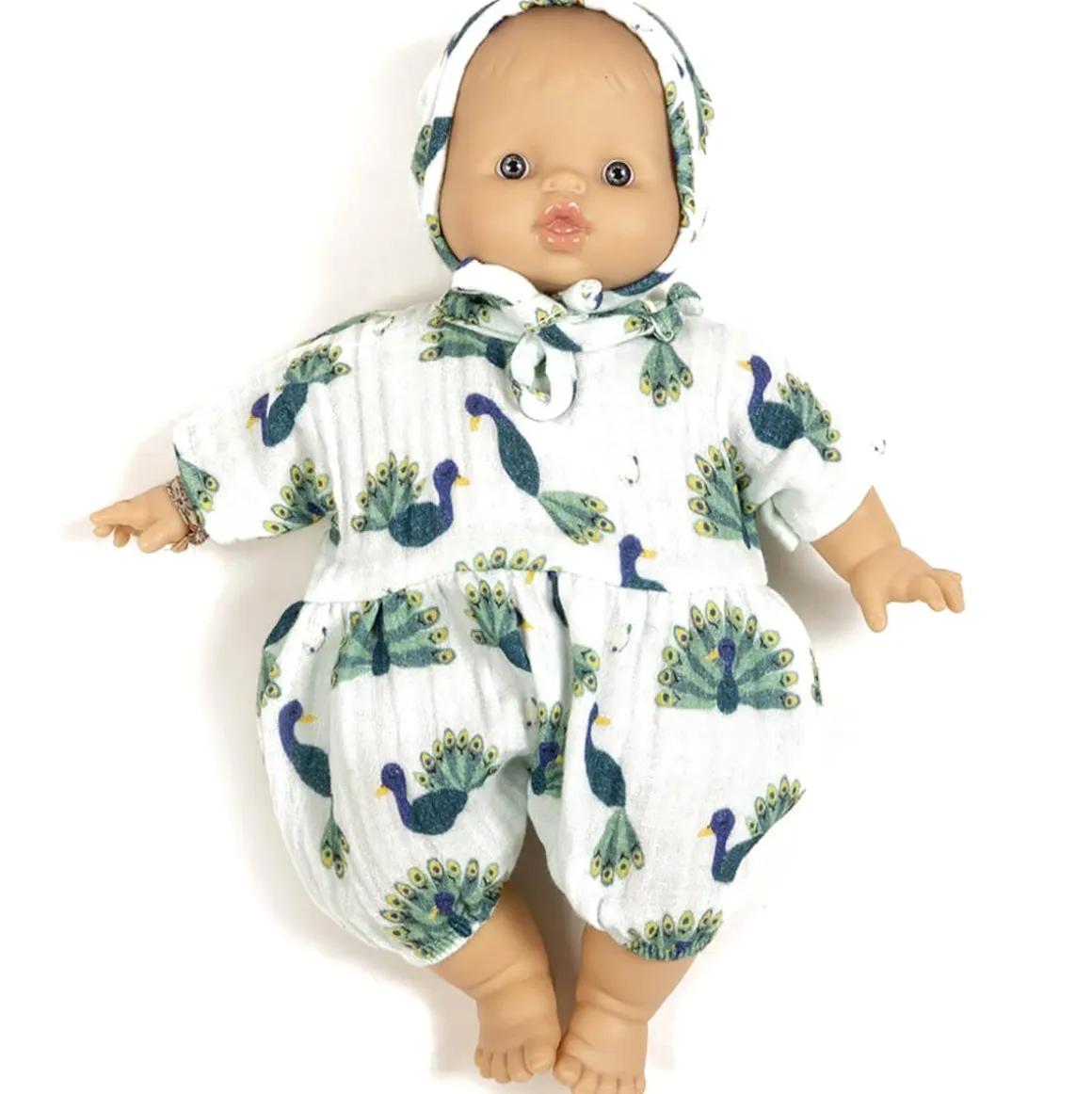 Noa Romper and Bonnet Set (28cm Doll) in Baby Peacock Print by Minikane