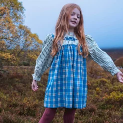 Nora Dress in Hearts / Azure Plaid by Lali