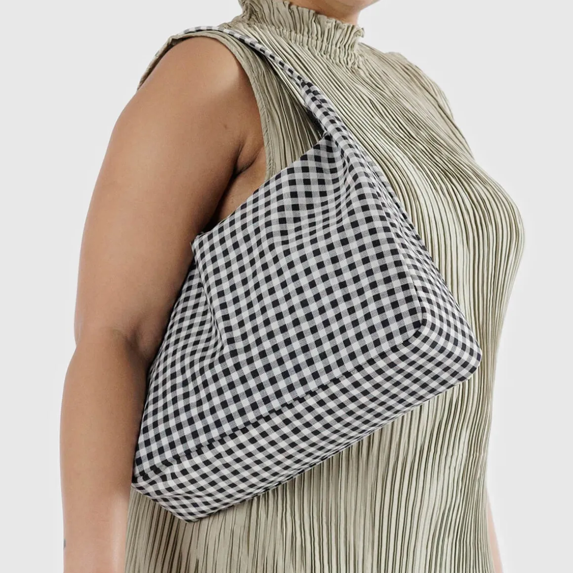 Nylon Shoulder Bag in Black And White Gingham by Baggu