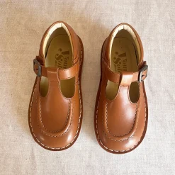 Parker Velcro T-Bar Shoes in Burnished Tan Leather by Young Soles