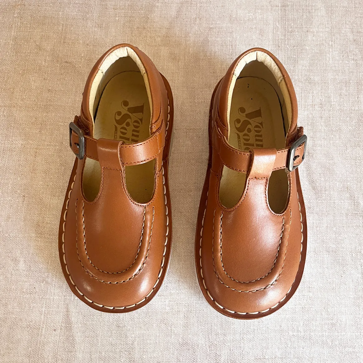 Parker Velcro T-Bar Shoes in Burnished Tan Leather by Young Soles