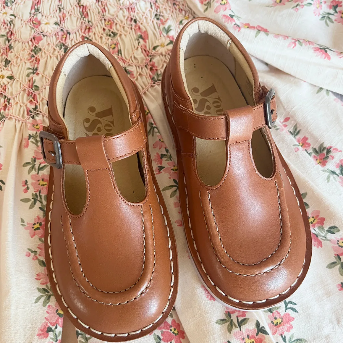 Parker Velcro T-Bar Shoes in Burnished Tan Leather by Young Soles