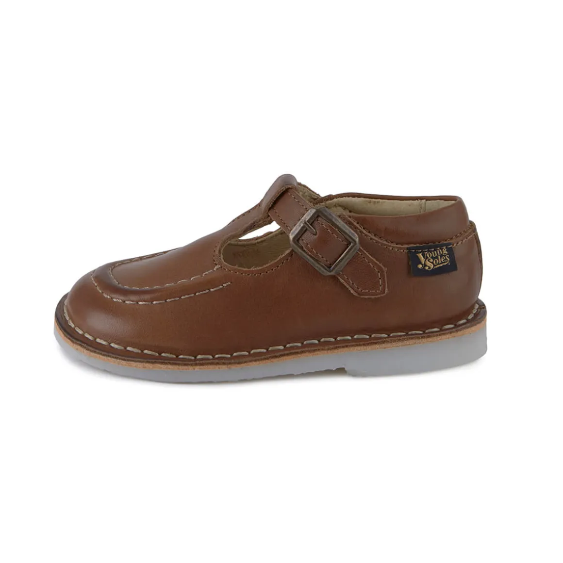 Parker Velcro T-Bar Shoes in Burnished Tan Leather by Young Soles