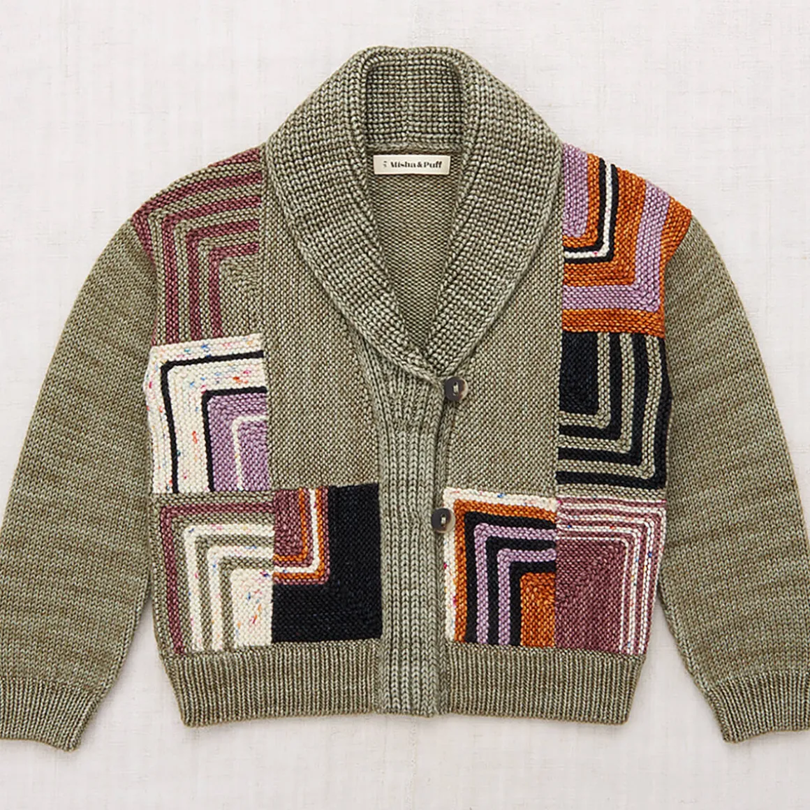 Patchwork Shawl Collar Cardigan in Seal Gray by Misha & Puff