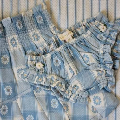 Pleated Skirt and Panty Set in Blue Jacquard Flower Check by Bonjour