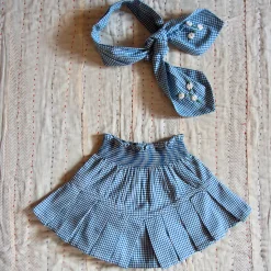 Pleated Skirt With Tie Scarf in Blue Vichy Check by Bonjour