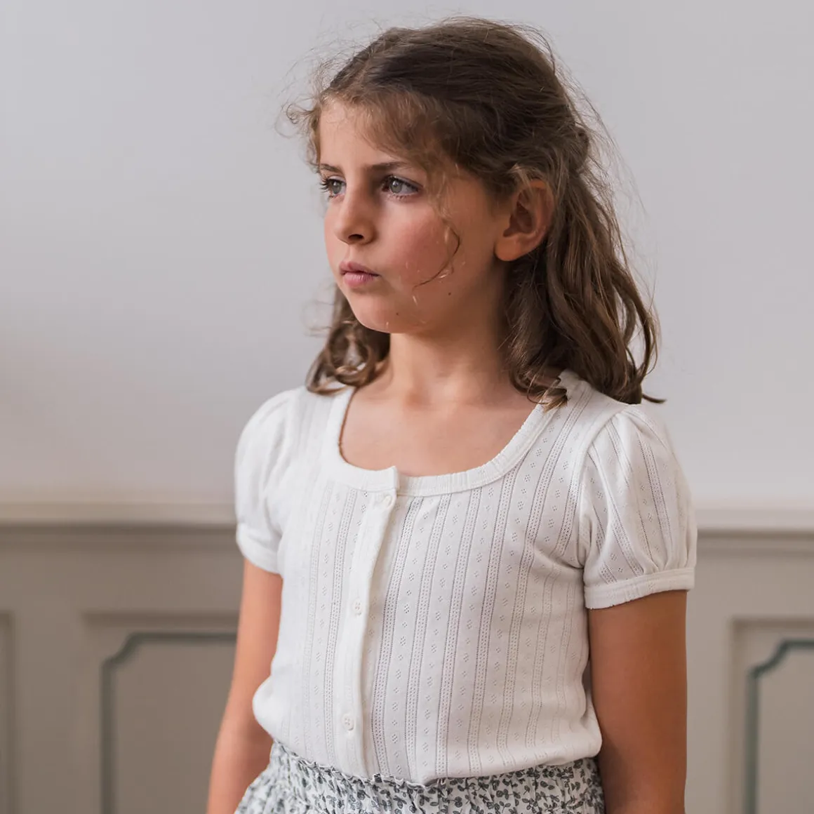 Pointelle Button T Shirt in Chalk by Little Cotton Clothes