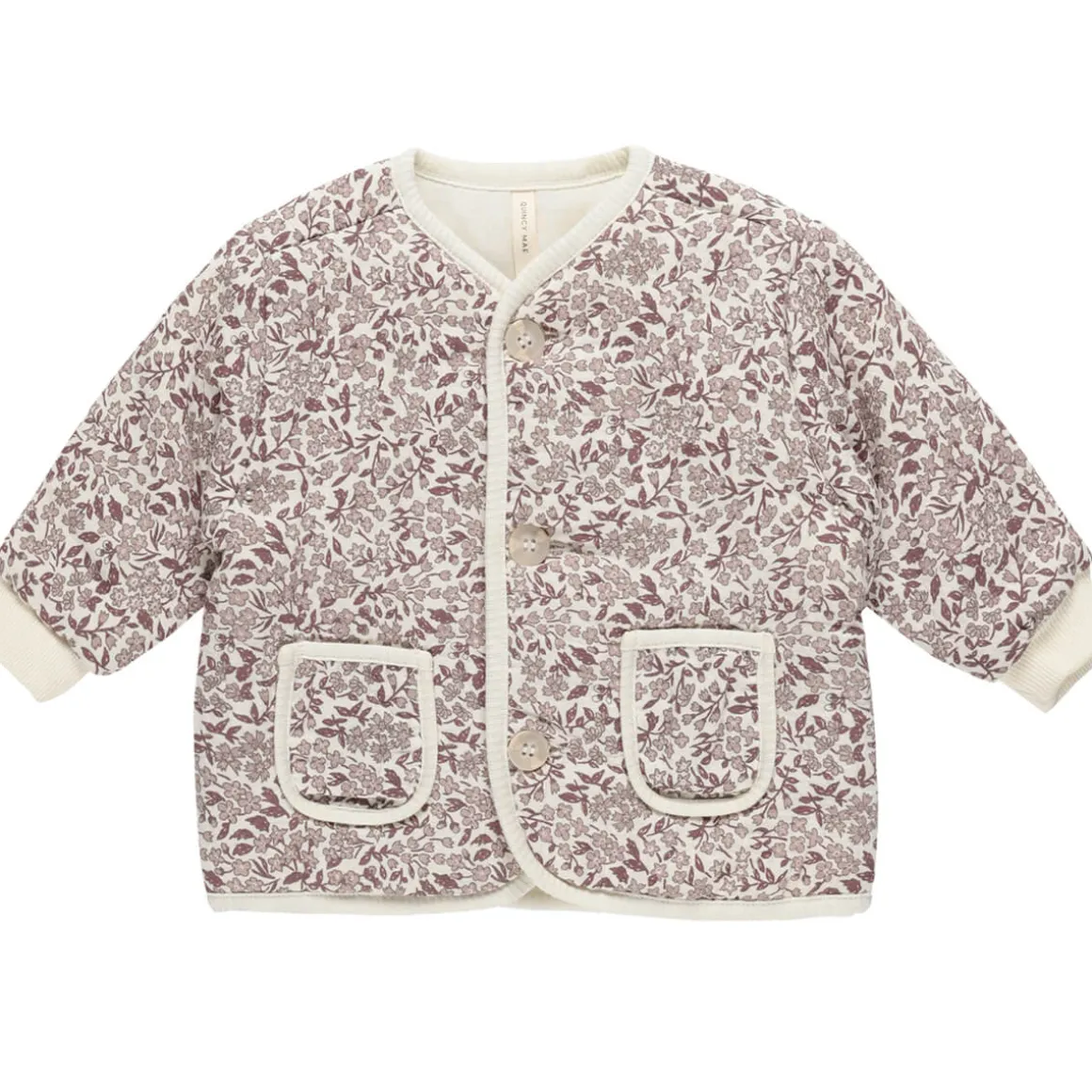 Quilted V-Neck Button Jacket in Mauve Ditsy by Quincy Mae