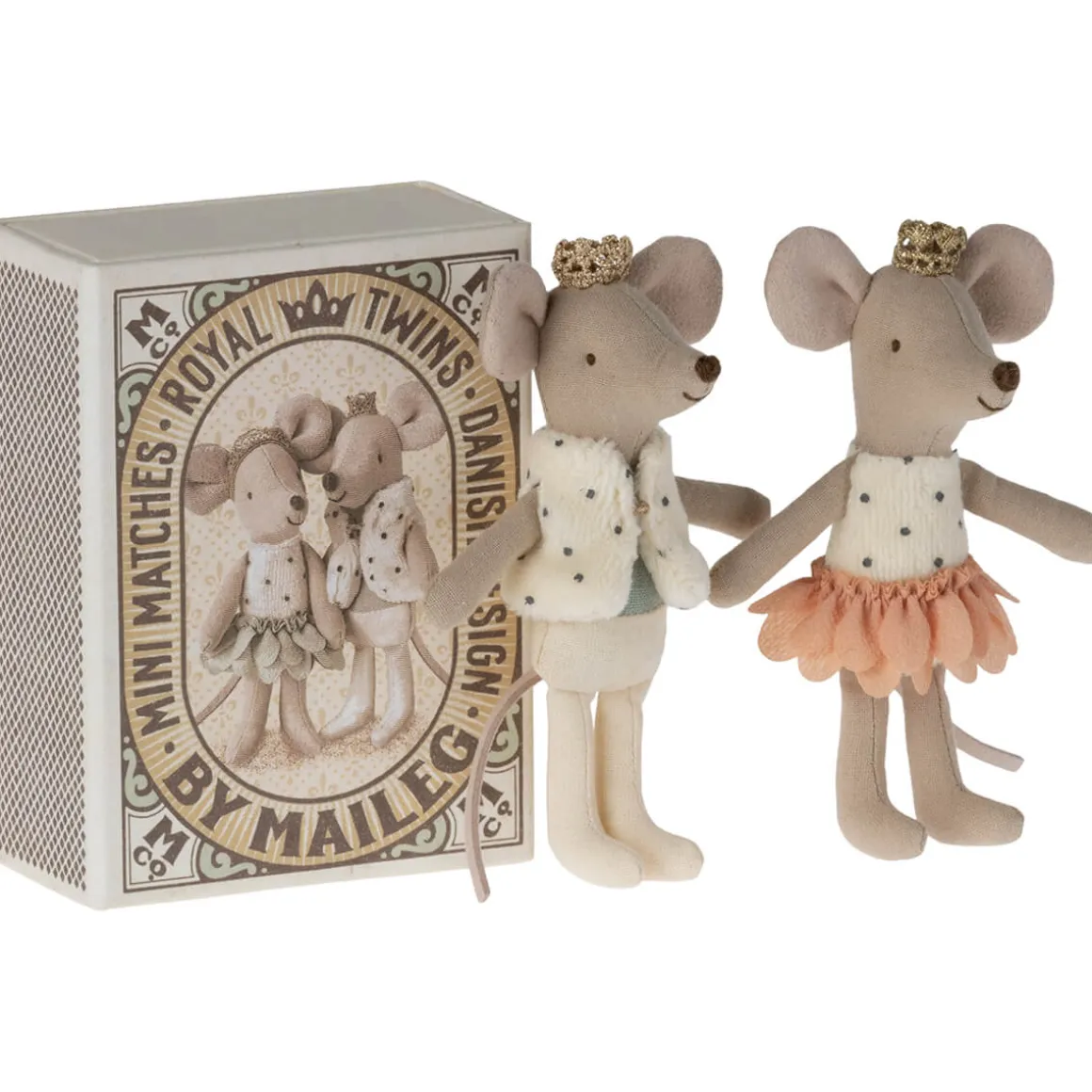 Royal Baby Mice Twins in a Matchbox (Coral Skirt) by Maileg