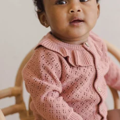 Ruffle Collar Cardigan in Lipstick by Quincy Mae