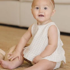 Ruffled Tulip Top + Bloomer Set in Oat Check by Quincy Mae