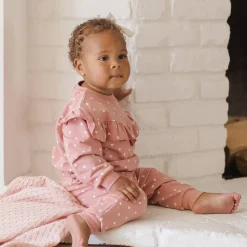 Ruffle Sweatshirt in Lipstick Hearts by Quincy Mae