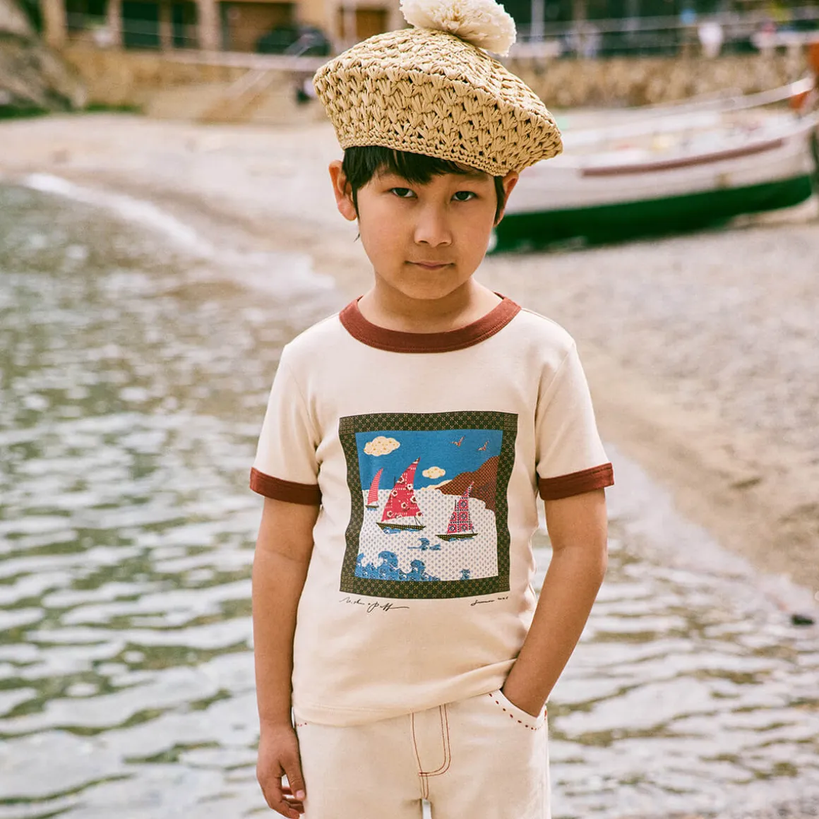 Sailboat Collage Ringer Tee in Bisque by Misha & Puff