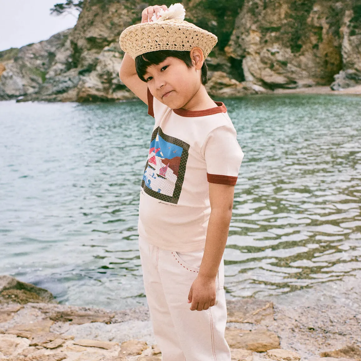 Sailboat Collage Ringer Tee in Bisque by Misha & Puff
