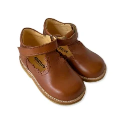 Scallop T Bar Starter Mary Janes in Cognac by Angulus