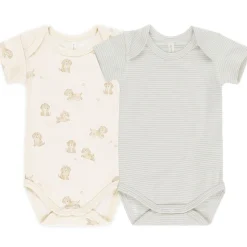 Short Sleeve Bodysuit (2 Pack) in Puppies / Sky Micro Stripe by Quincy Mae