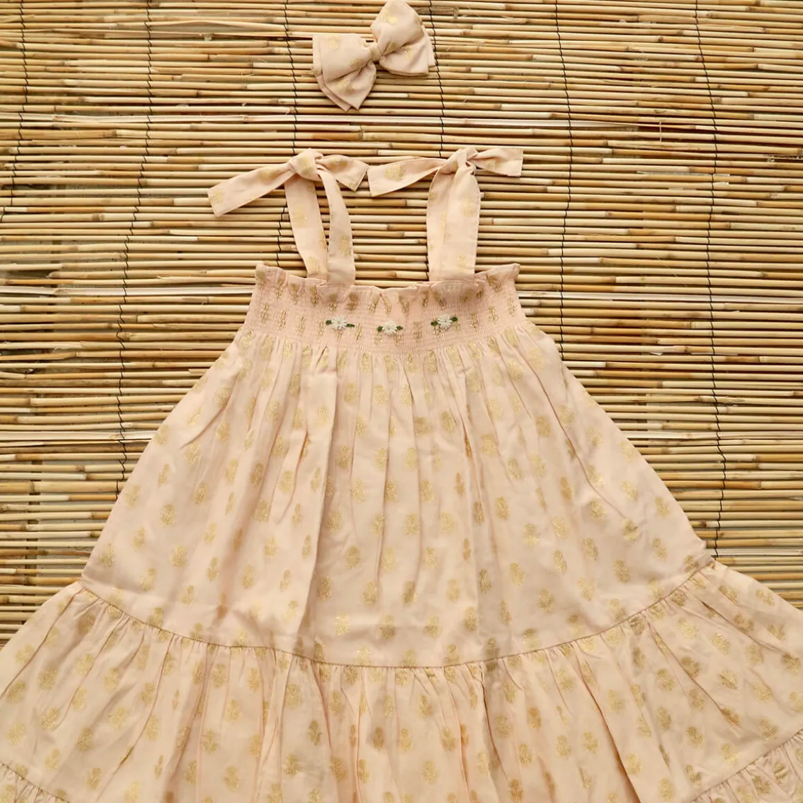 Skirt Dress With Hairclip in Petal Pink & Gold Flowers by Bonjour