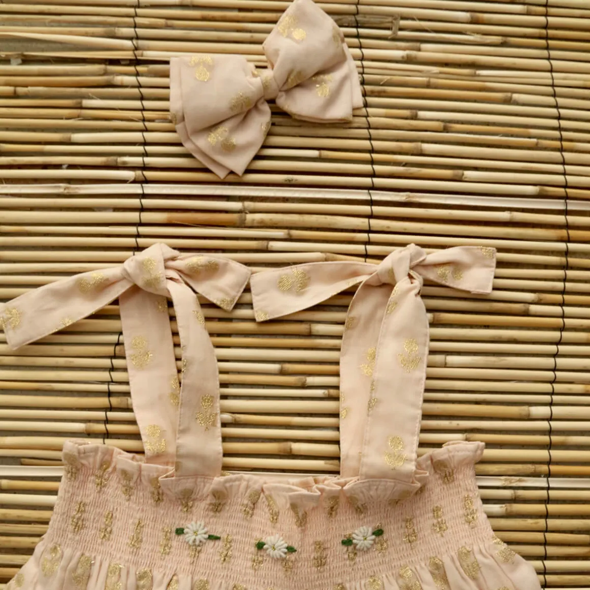 Skirt Dress With Hairclip in Petal Pink & Gold Flowers by Bonjour