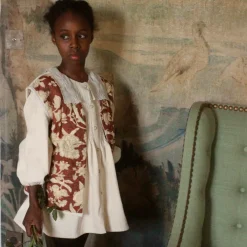 Sleeveless Jacket in Ikat / Autumnal Red Brown Flowers by Bonjour - Last Ones In Stock - 4-8 Years