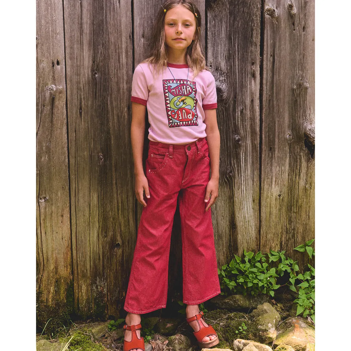 Slim Flared Jeans in Vintage Red Denim by Misha & Puff