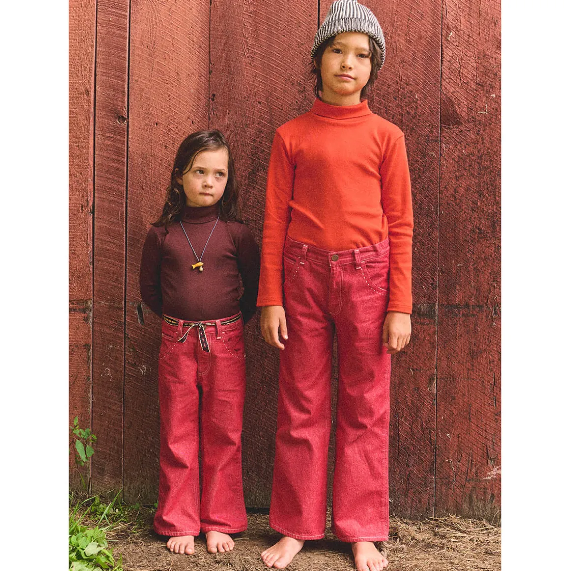 Slim Flared Jeans in Vintage Red Denim by Misha & Puff