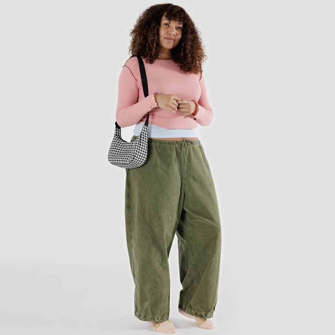 Small Nylon Crescent Bag in Black And White Gingham by Baggu