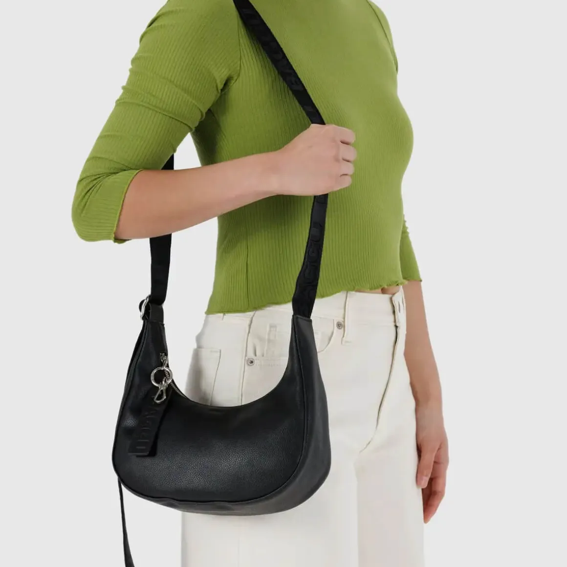 Small Recycled Leather Crescent Bag in Black by Baggu