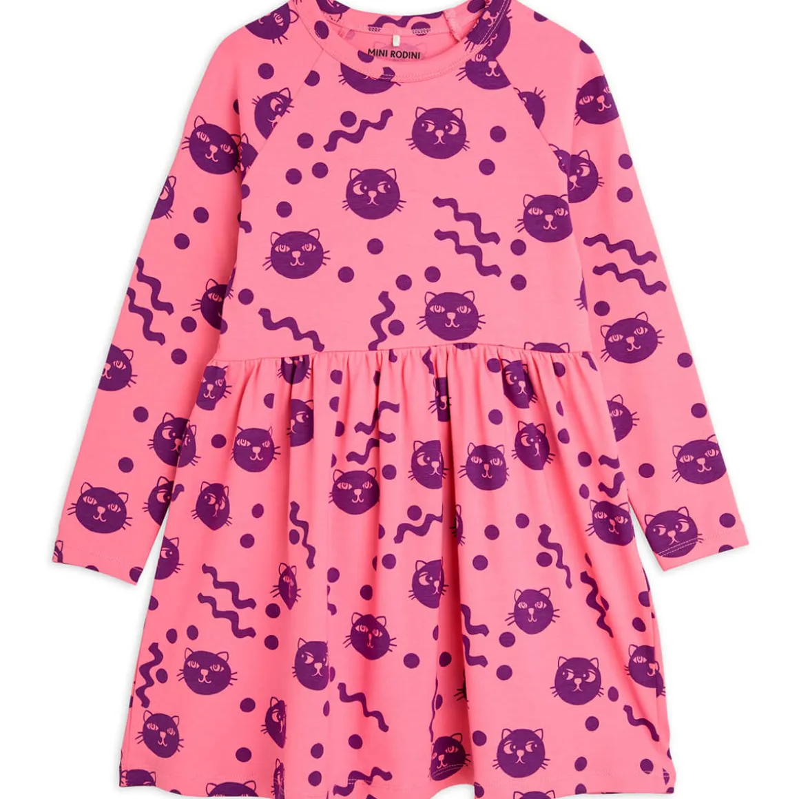 Squiggly Cats Long Sleeve Dress in Pink by Mini Rodini