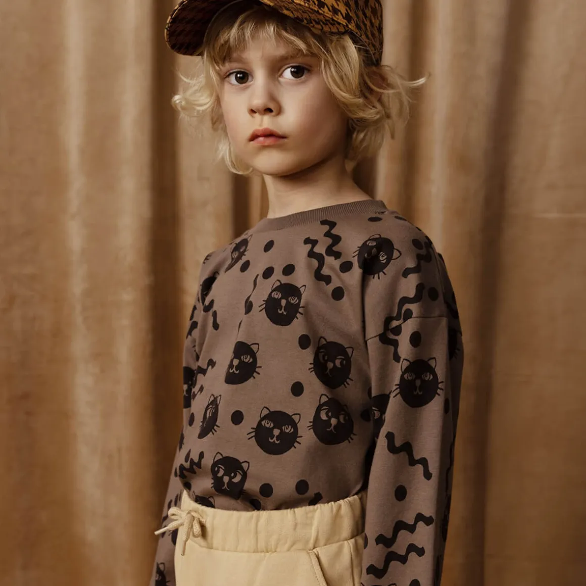 Squiggly Cats Long Sleeve T Shirt in Brown by Mini Rodini