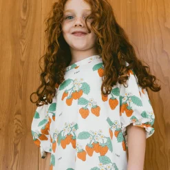 Strawberries Puff Sleeve Dress in Off White by Tinycottons