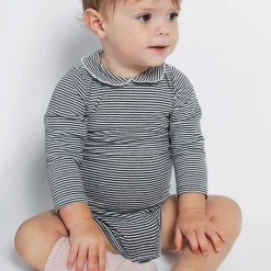 Striped Baby Bodysuit with Collar in Nearly Black by Gray Label - Last Ones In Stock - 0-12 Months