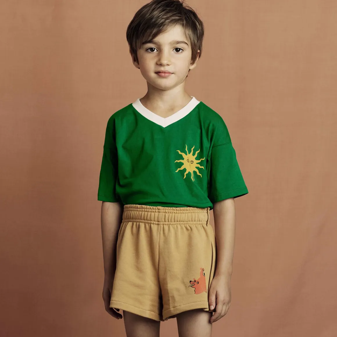 Sun V-Neck Tee in Green by Mini Rodini