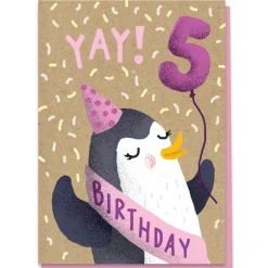 5th Birthday Penguin Greetings Card by Stormy Knight