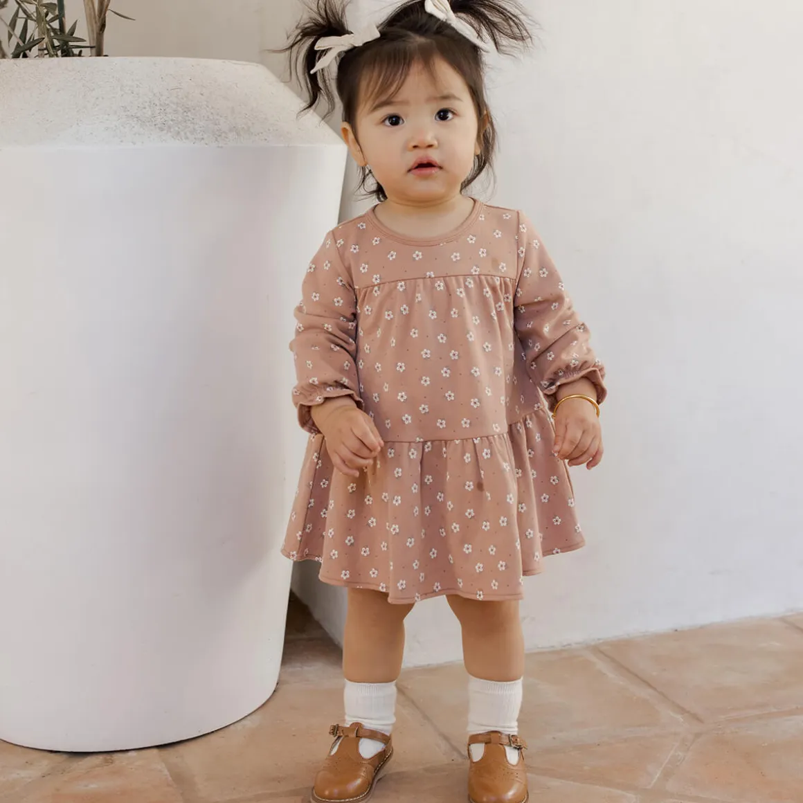 Tiered Jersey Dress in Rose Ditsy by Quincy Mae