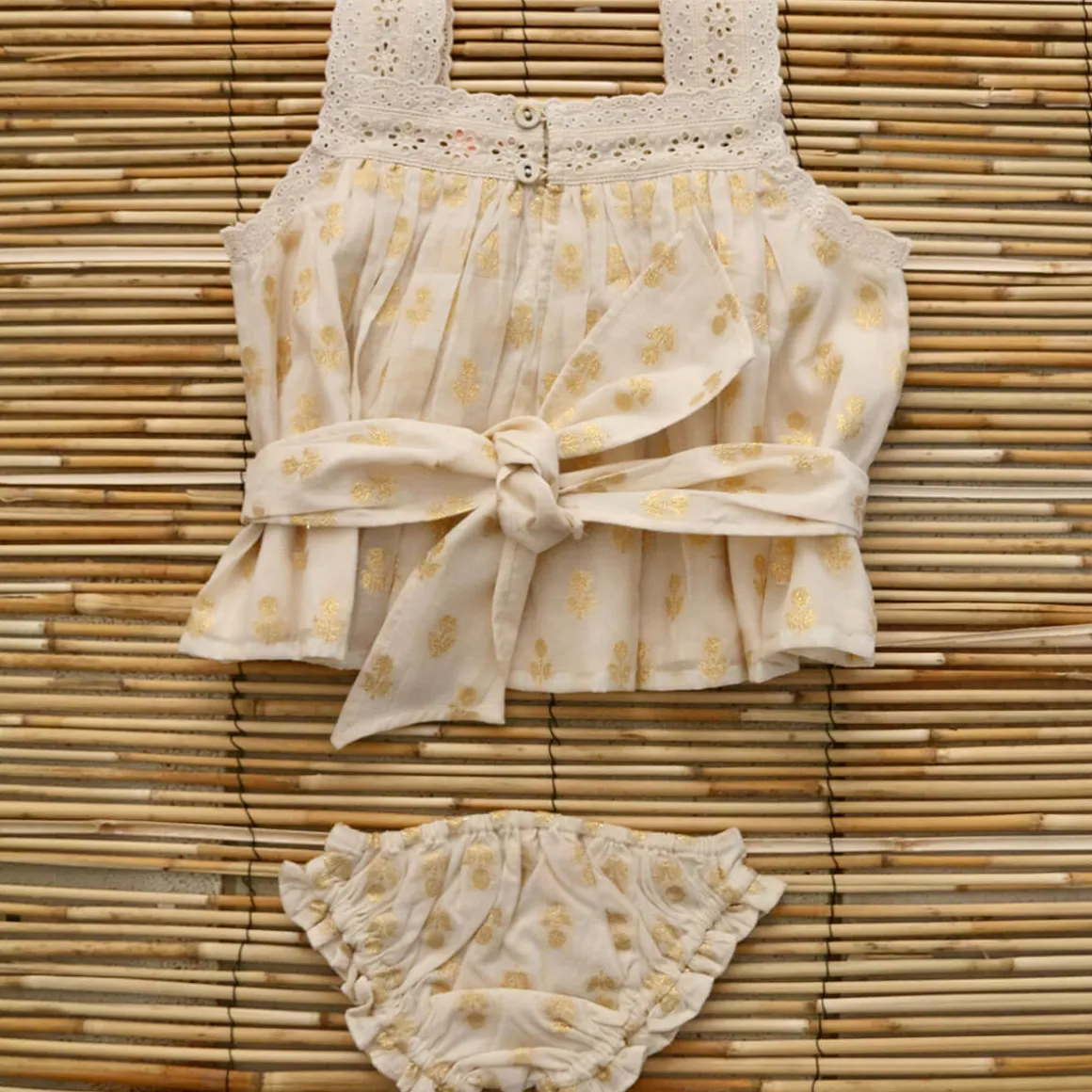 Top & Panty Set in Ivory & Gold Flowers by Bonjour