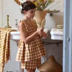 Top & Short Set in Caramel Honeycomb Check by Bonjour