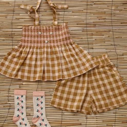Top & Short Set in Caramel Honeycomb Check by Bonjour