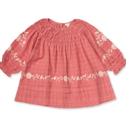 Tulip Pintuck Dress in Coral Cross Stitch by Lali