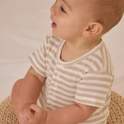 Waffle Snap Romper in Oat Stripe by Quincy Mae
